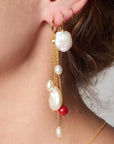 5-Strand Chain Tassel Huggie Hoop Earrings with Freshwater Pearls and Coral
