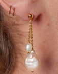 Double Pearl Dangle Post Earrings